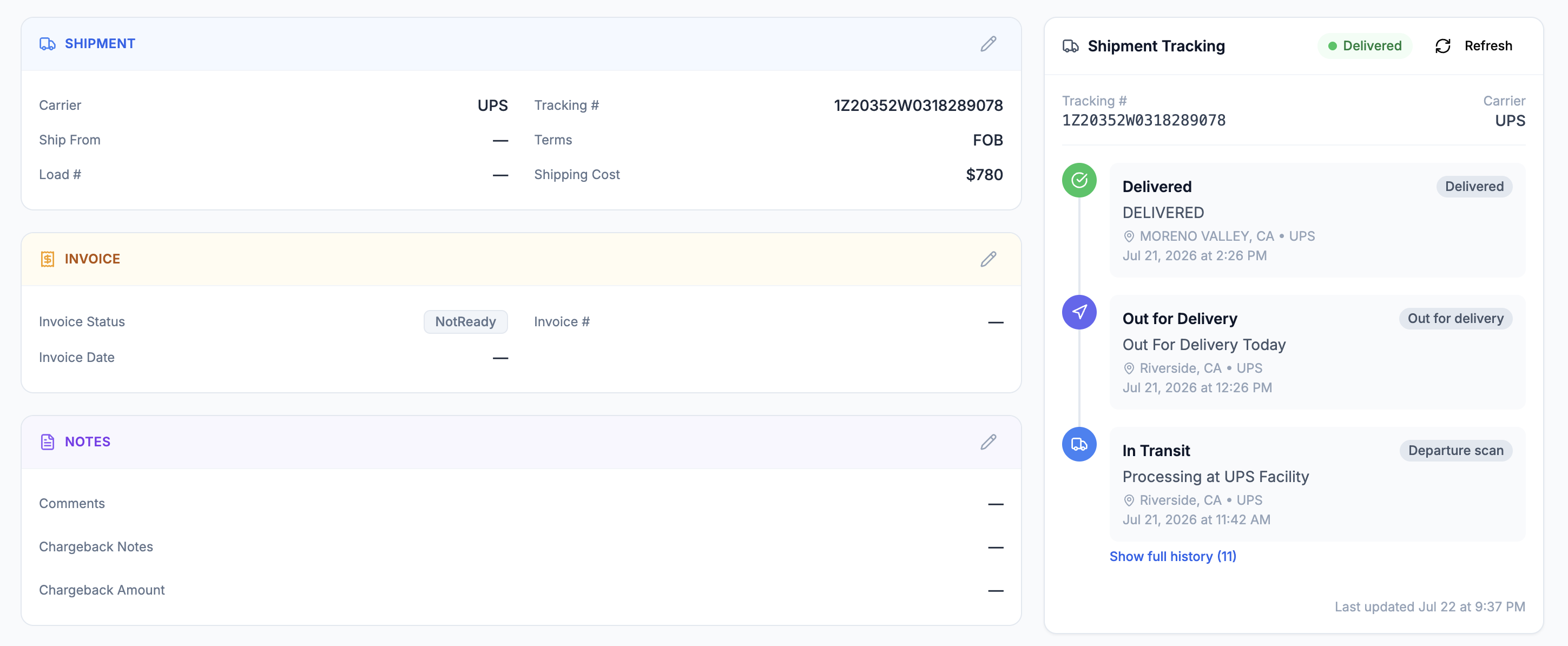 Live shipment tracking dashboard